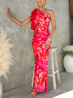 Sexy Elegant Sleeveless Three-Dimensional Flower Print Slim-Fitting Party Dress