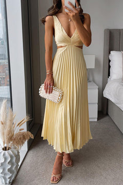 Evangeline | Wedding Guest Pleated Maxi Dress with V-Neck for Women