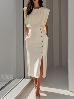 Anthea | Sleeveless Midi Dress with Button-Front for Women