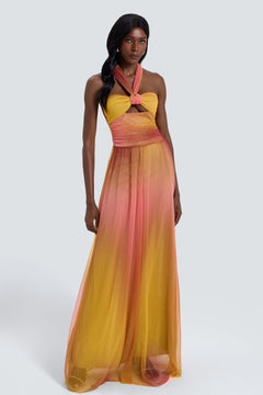 Valentina | Metallic Pleated Cutout Halter Maxi Dress