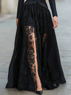 VIOLA — Lace Panel Midi Skirt