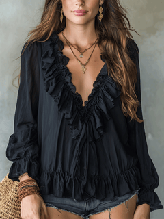 NORA — Ruffle Trim V-Neck Black Blouse