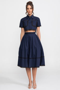 Edith | Broderie-Trim Cropped Shirt & Midi Skirt Set