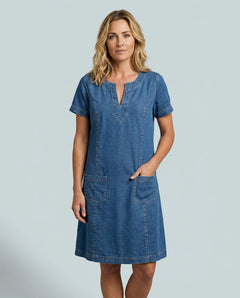 Cora | Notch-Neck Short Sleeve Midi Dress with Patch Pockets