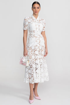Faye | Lace Short Sleeve Belted Midi Dress