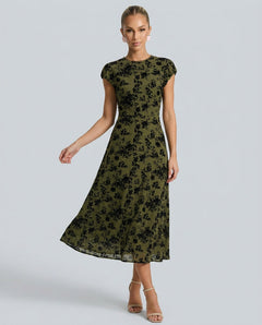 Sabine | Floral Print Cap Sleeve A-Line Midi Dress
