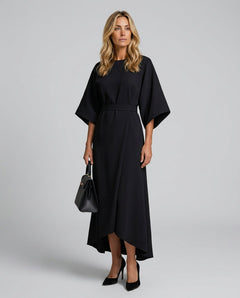 Daniela | Waist-Defined Cape Sleeve Asymmetric Midi Dress