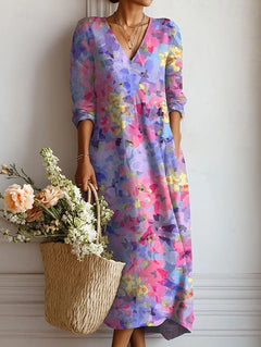 Floral Midi Dress with V-Neck and Long Sleeves for Women