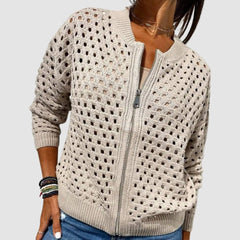 Luna Women's Cardigan Sweater with Hollow-Knit Pattern and Full-Length Zipper