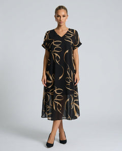 Tessa | V-Neck Bat-Sleeve Bow Print Midi Dress
