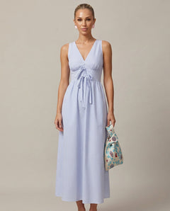 Indira | V-Neck Shirred Striped Maxi Dress