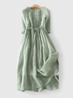 Georgia | Linen A-Line Midi Dress with Ruched Back for Women