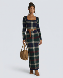 Jerry | Check Knit Maxi Dress with Belted Waist