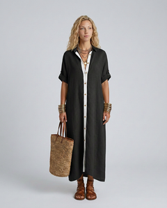 Elva | Linen-Blend Maxi Shirt Dress with Short Sleeves