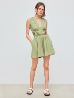 Kylie | V-neck Solid Ruched Pocket Romper
