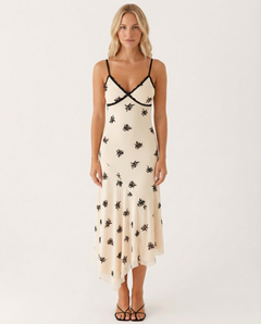 Marsha | Midi Dress with Lace Trim and Floral Embroidery