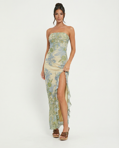 Mae | Strapless Mesh Maxi Dress with High Slit and Asymmetric Hem