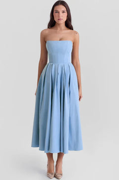 Lesley | Strapless Midi Dress with Pleated Skirt