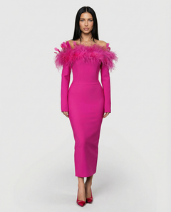 Kathleen | Off-Shoulder Midi Dress with Feather Trim