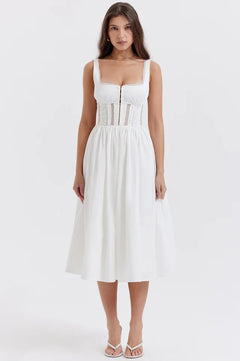 Louise | Midi Dress with Lace Trim Bodice