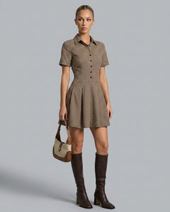 Imogen | Brown Plaid Lapel Pleated Mini Dress