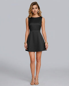 Cleona | Boat Neck Pearl A-Line Mini Dress