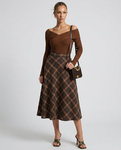 Faye | Elastic Waist Plaid A-Line Midi Skirt