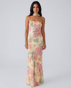 Adeline | Floral Chiffon Maxi Dress with Matching Scarf