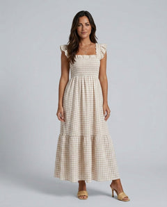 Hadley | Smocked Gingham Ruffle Sleeve Maxi Dress
