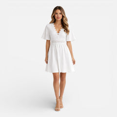 Estrella | White Lace V-Neck A-Line Midi Dress
