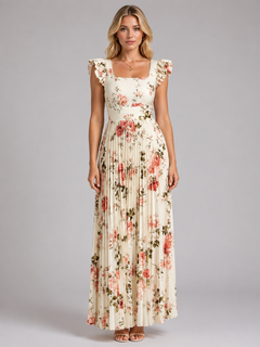 Greta | Floral Ruffle Sleeve Pleated Maxi Dress
