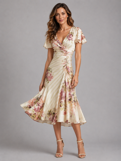 Edda | Ruched Waist Floral Satin Feel Midi Dress