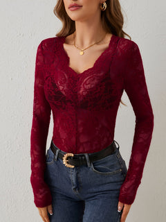Elodie | Slim-Fit V-Neck Lace Long Sleeve Top