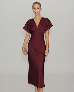 Cleo | Wine Red Satin Cowl Neck Midi Dress