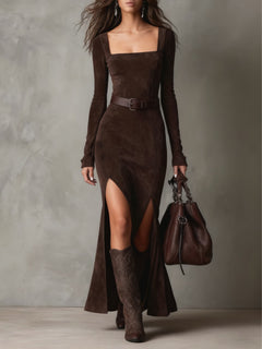 Elegant Dark Brown Faux Suede Square Neck Maxi Dress(Including belt)