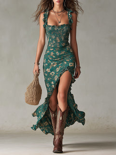 Floral A-Line Maxi Dress with Ruffled Sleeves and High Slit for Women