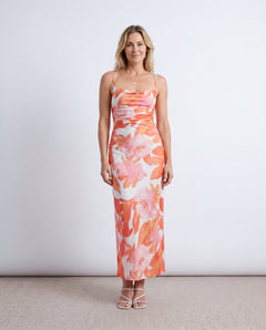 Leona | Spaghetti Strap Lace-Up Abstract Print Maxi Dress