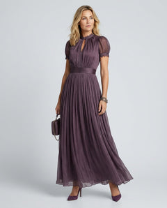 Bianca | Pleated Puff Sleeve High Neck Maxi Dress