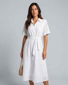 Josie | Short Sleeve Button-Front Waist-Tie Midi Dress