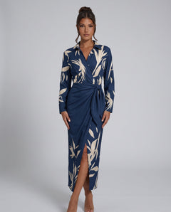 Amara | Leaf Print V-Neck Wrap Maxi Dress