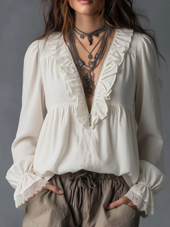 PEARL — Zip Collar Ruffled Linen Blouse