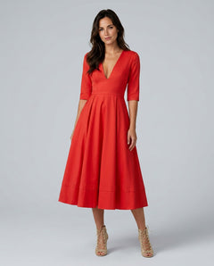 Delphine | A-Line V-Neck Pocket Midi Dress