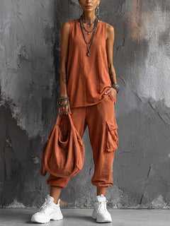 Women's Linen Blend Sleeveless Top and Cargo Trousers Two Piece Set
