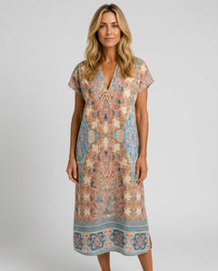 Maeve | Printed V-Neck Short Sleeve Midi Dress