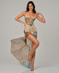 Reva | Lace Trim Leopard Print Side Slit Maxi Dress