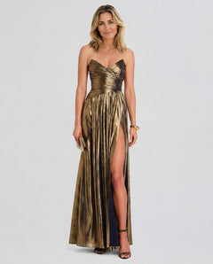 Lysara | Off-Shoulder Slit Metallic Maxi Dress