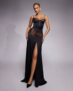 Vera | Lace & Satin Side Slit Maxi Dress