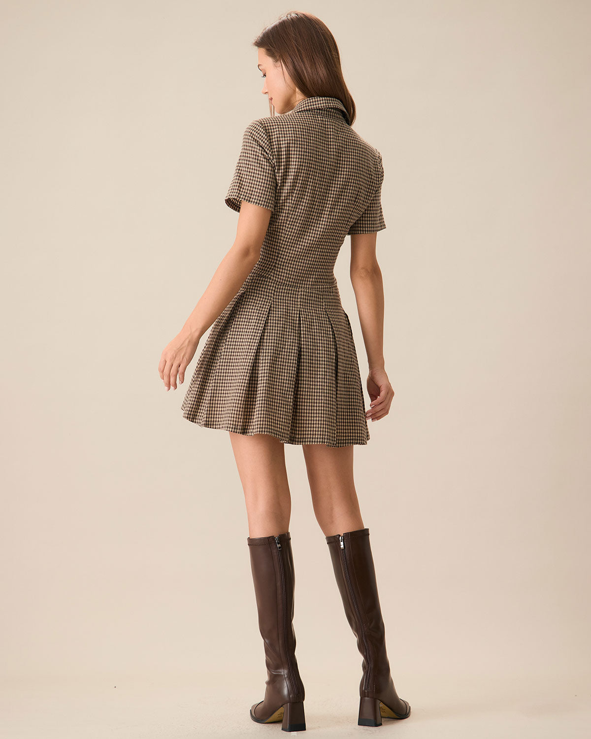 Phoebe | Brown Plaid Lapel Pleated Mini Dress