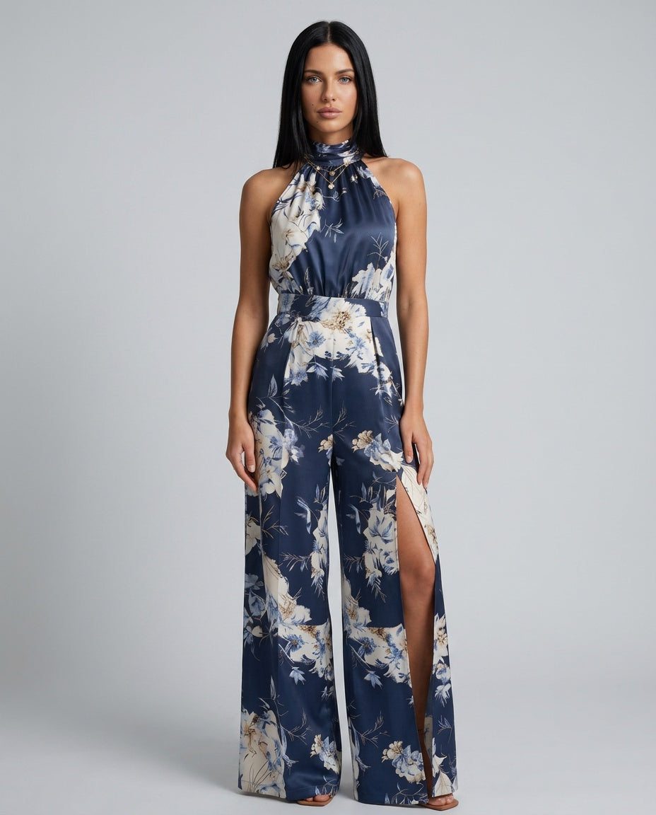 Selene | Floral Halter Neck Wide-Leg Jumpsuit