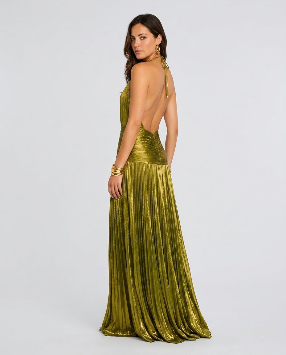 Esme | Pleated Halter Neck Open Back Maxi Dress